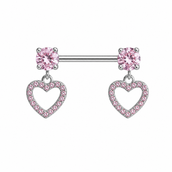 Piercing téton paire barre argentée pendentif double cœur creux pavé zircon rose