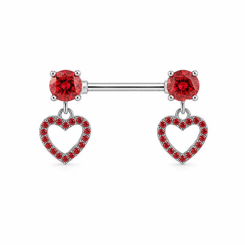 Piercing téton paire barre argentée pendentif double cœur creux pavé zircon rouge