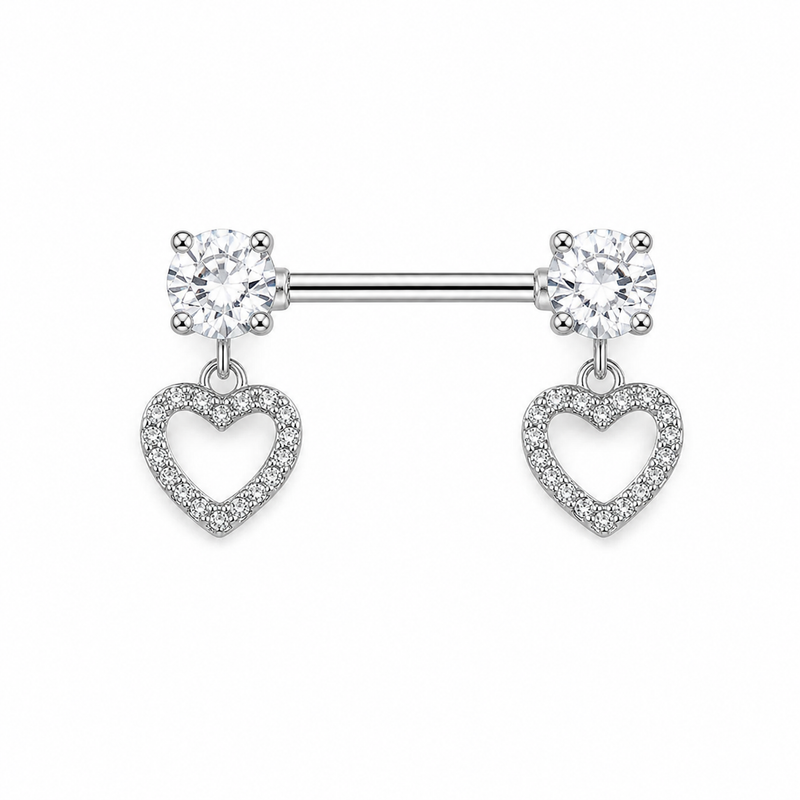 Piercing téton paire barre argentée pendentif double cœur creux pavé zircon blanc