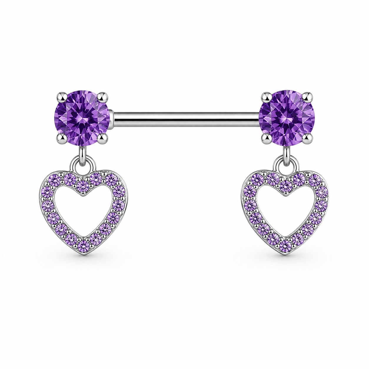 Piercing téton paire barre argentée pendentif double cœur creux pavé zircon violet