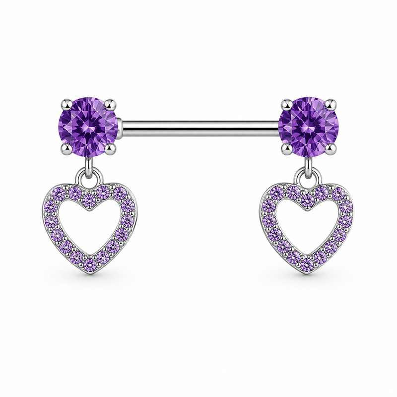 Piercing téton paire barre argentée pendentif double cœur creux pavé zircon violet