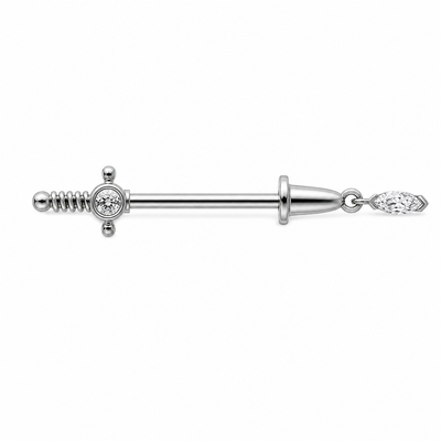 Piercing téton barre épée dague argentée avec pendentif zircon marquise — finition argentée