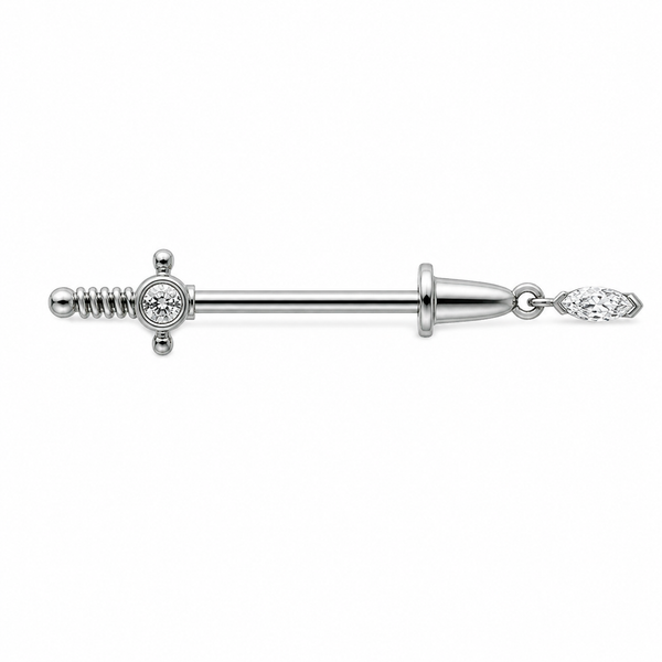 Piercing téton barre épée dague argentée avec pendentif zircon marquise — finition argentée