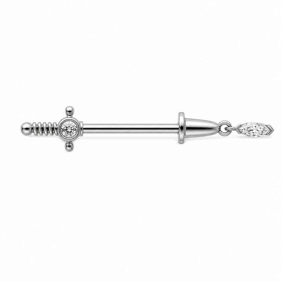Piercing téton barre épée dague argentée avec pendentif zircon marquise — finition argentée