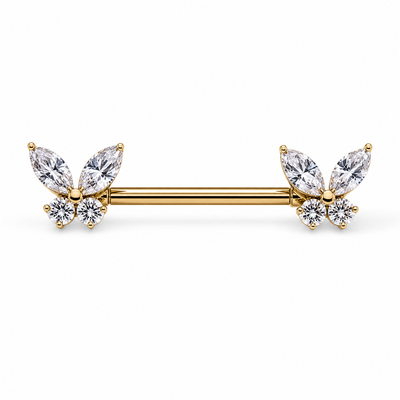 Piercing téton barre dorée papillon zircon marquise et ronds — finition dorée