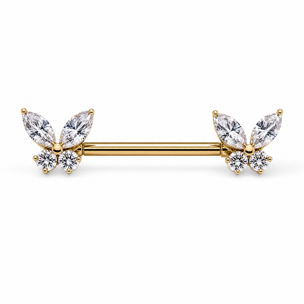 Piercing téton barre dorée papillon zircon marquise et ronds — finition dorée