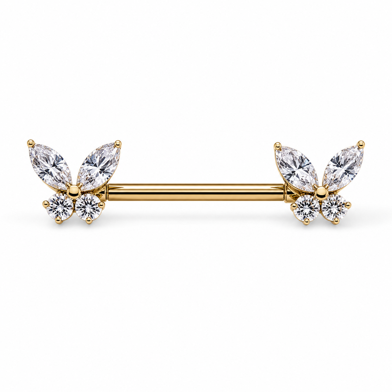 Piercing téton barre dorée papillon zircon marquise et ronds — finition dorée