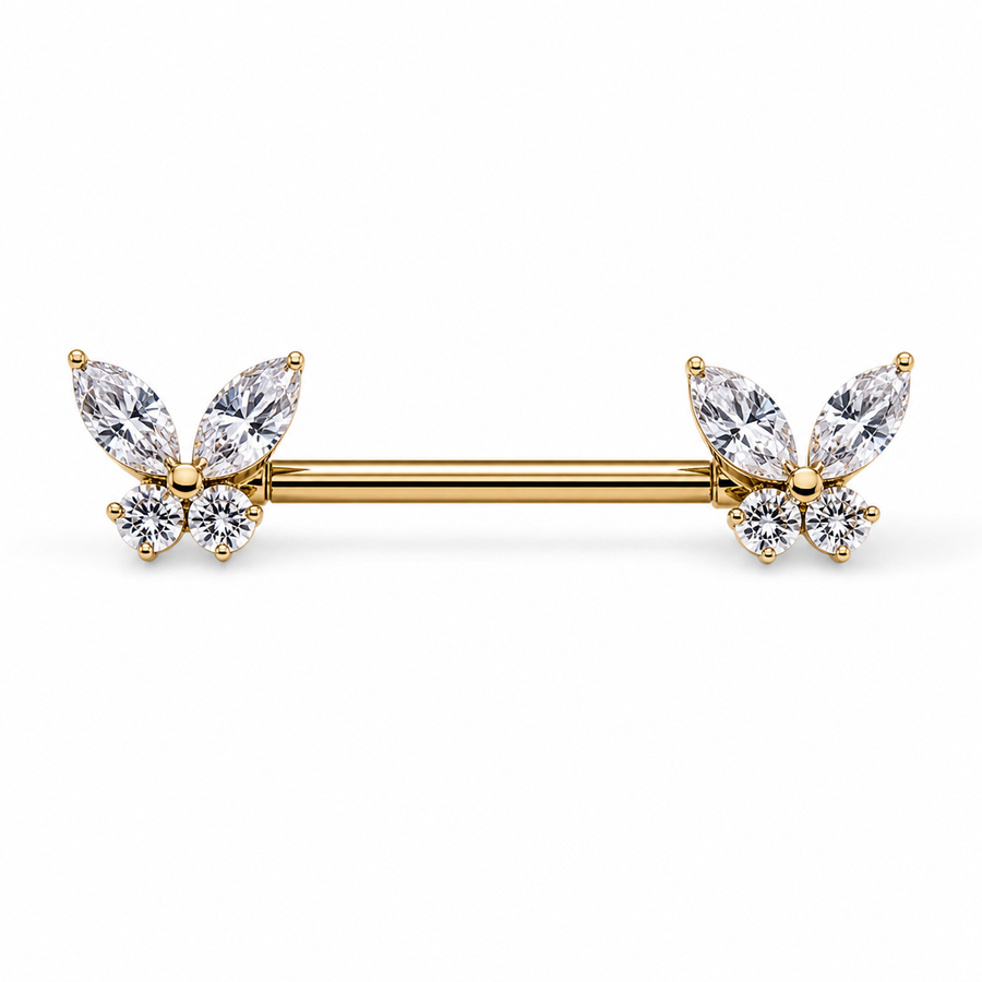 Piercing téton barre dorée papillon zircon marquise et ronds — finition dorée