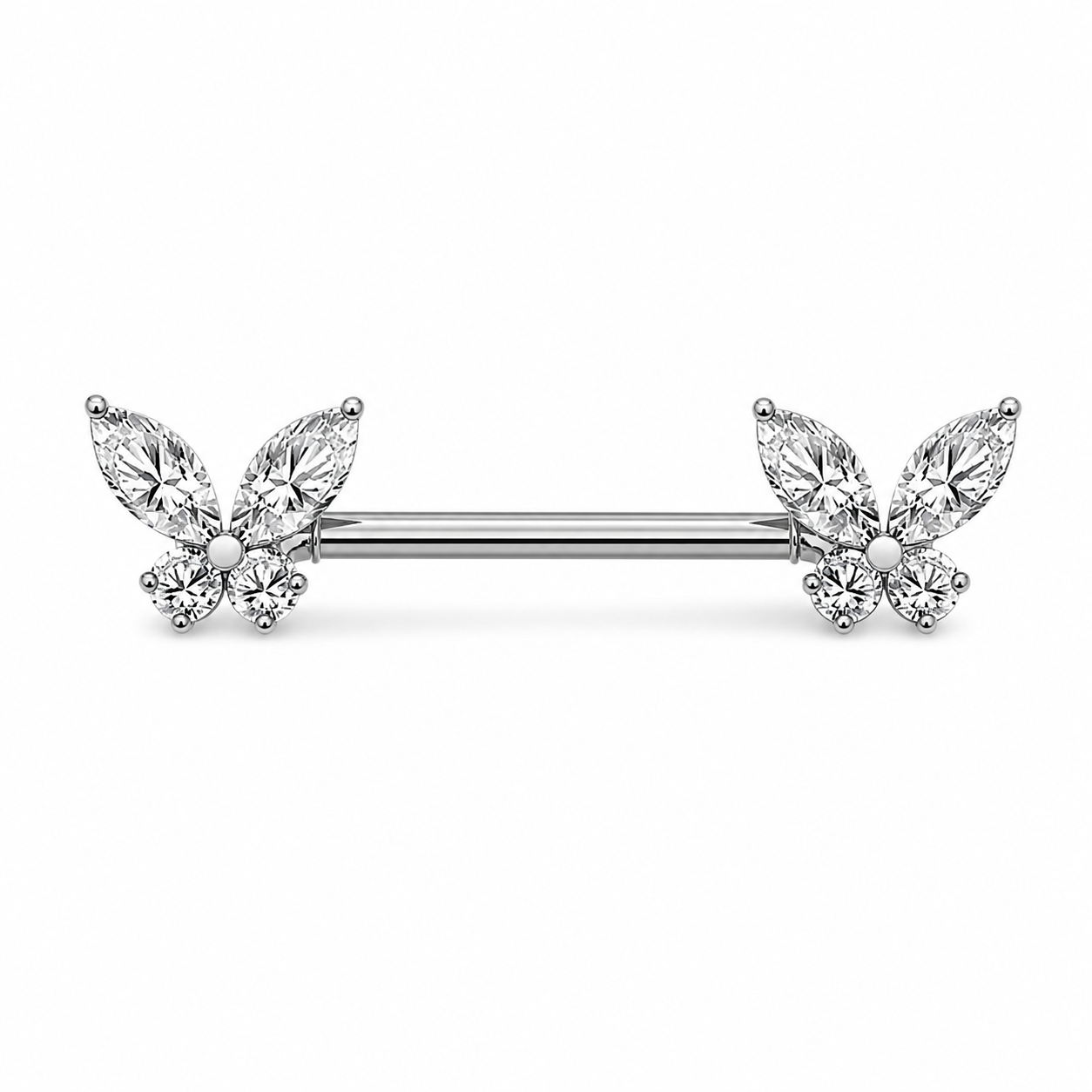Piercing téton barre argentée papillon zircon marquise et ronds — finition argentée