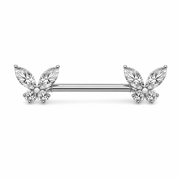 Piercing téton barre argentée papillon zircon marquise et ronds — finition argentée