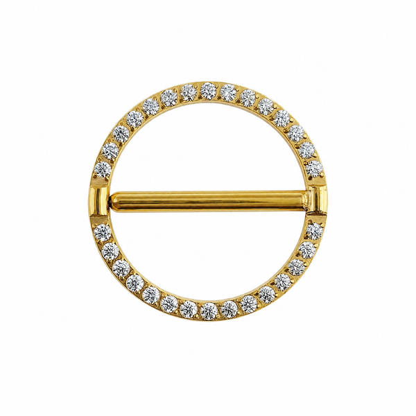 Piercing téton cercle doré entièrement pavé zircon barre traversante — finition dorée