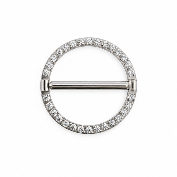 Piercing téton cercle argenté entièrement pavé zircon barre traversante — finition argentée