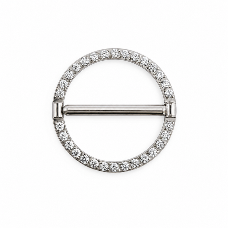 Piercing téton cercle argenté entièrement pavé zircon barre traversante — finition argentée