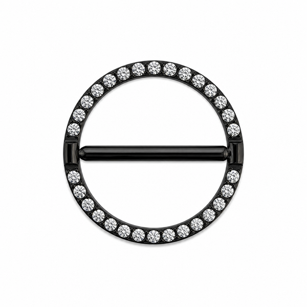 Piercing téton cercle noir PVD entièrement pavé zircon barre traversante — finition noire