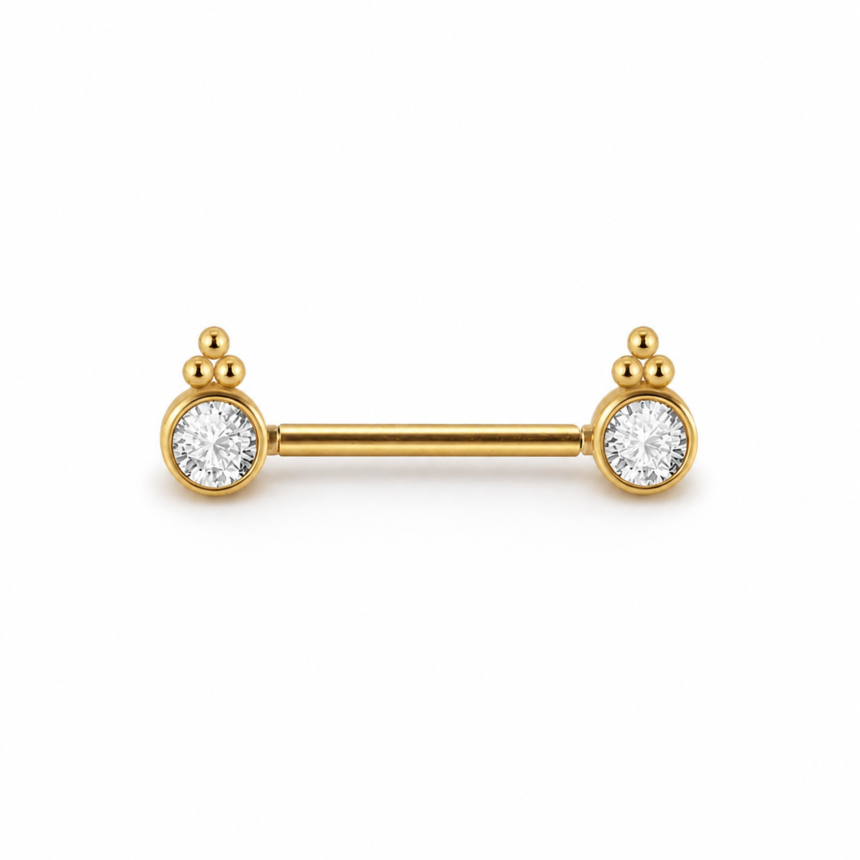 Piercing téton barre dorée double cabochon zircon rond ornemental — finition dorée