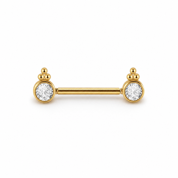 Piercing téton barre dorée double cabochon zircon rond ornemental — finition dorée