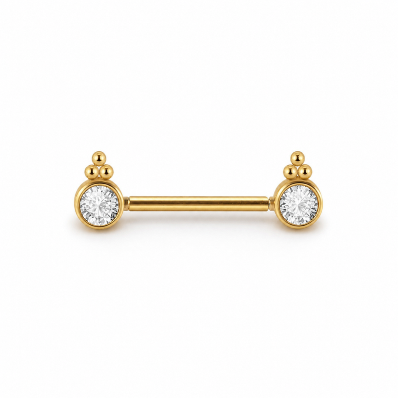 Piercing téton barre dorée double cabochon zircon rond ornemental — finition dorée