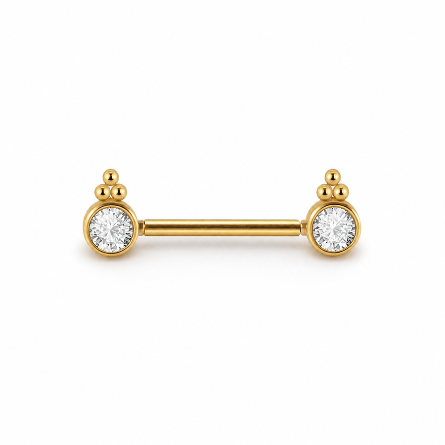 Piercing téton barre dorée double cabochon zircon rond ornemental — finition dorée