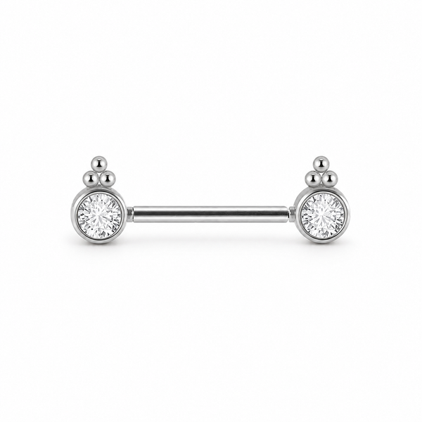 Piercing téton barre argentée double cabochon zircon rond ornemental — finition argentée