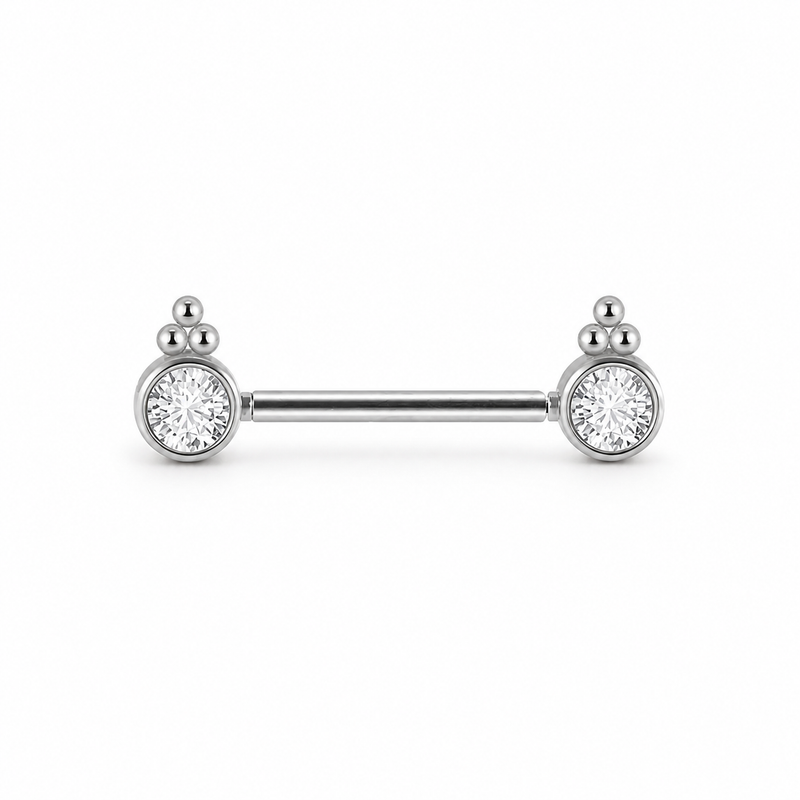 Piercing téton barre argentée double cabochon zircon rond ornemental — finition argentée