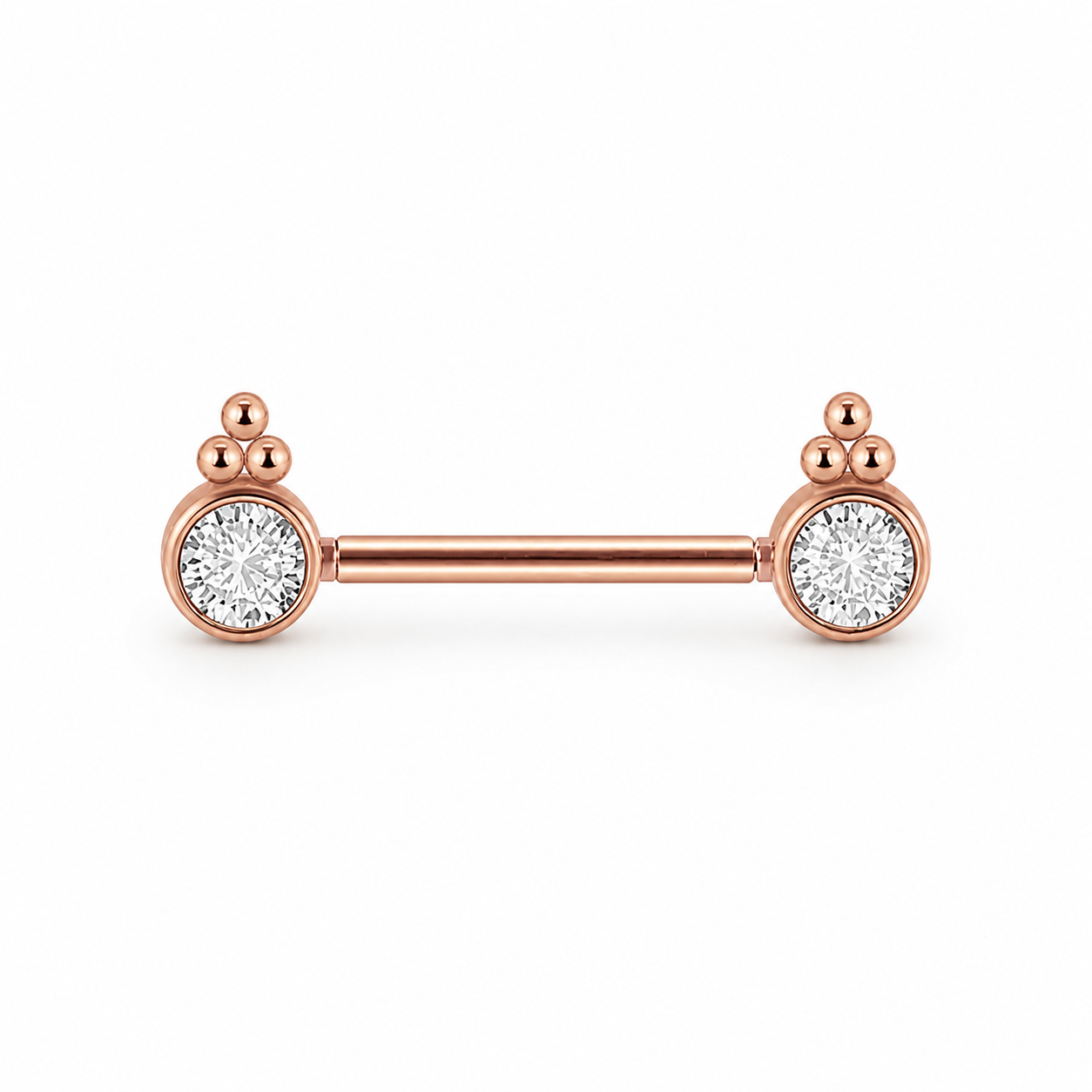 Piercing téton barre or rose double cabochon zircon rond ornemental — finition or rose