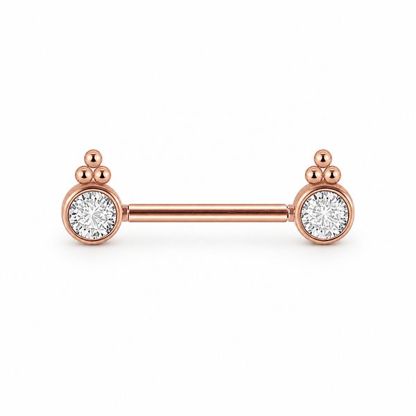 Piercing téton barre or rose double cabochon zircon rond ornemental — finition or rose