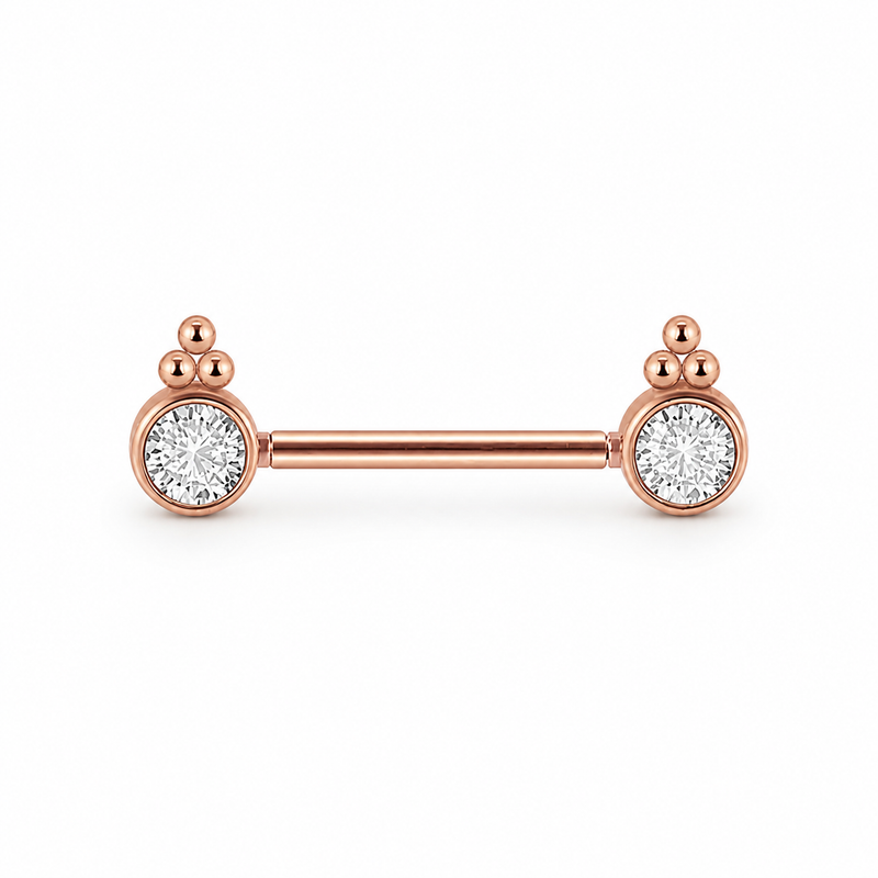 Piercing téton barre or rose double cabochon zircon rond ornemental — finition or rose