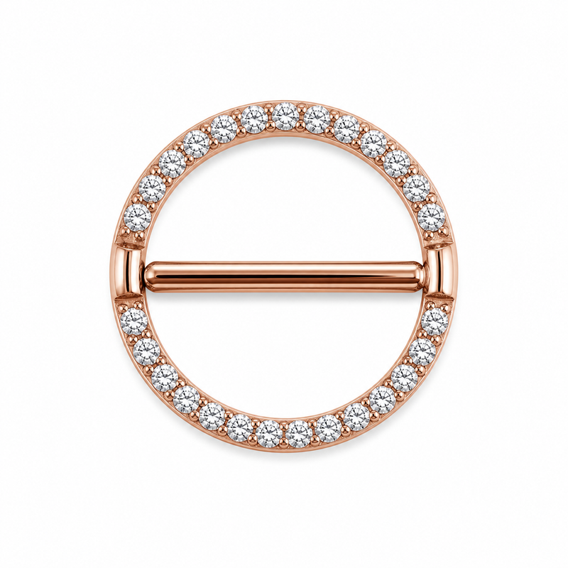 Piercing téton cercle or rose entièrement pavé zircon barre traversante — finition or rose
