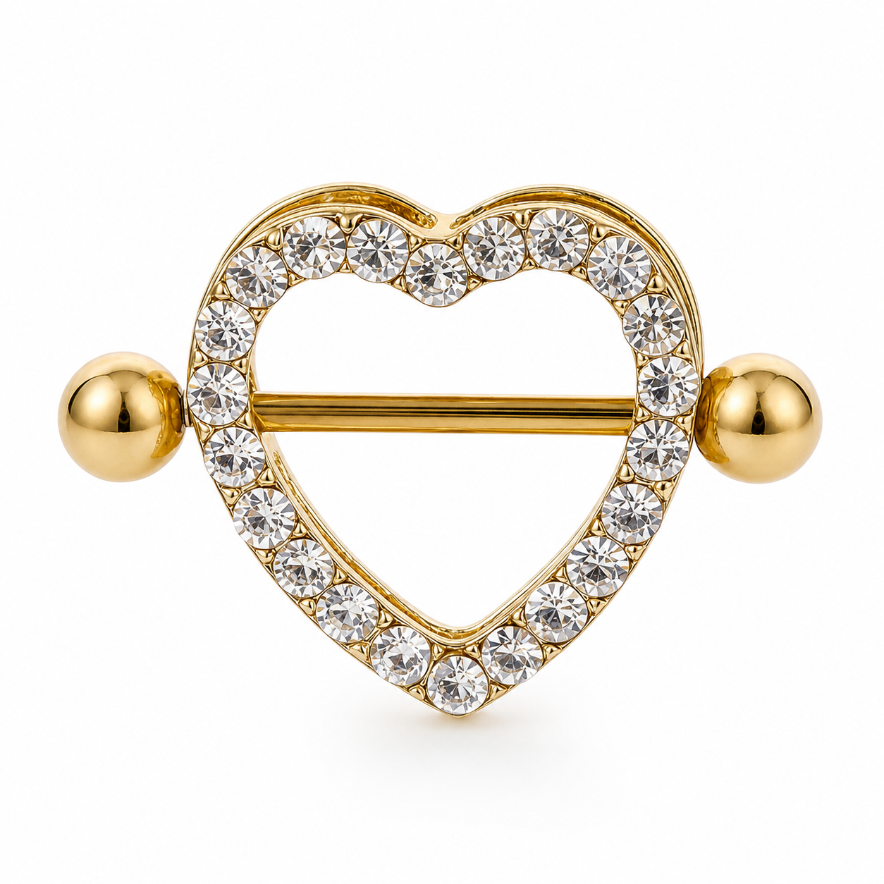 Piercing téton barre dorée contour cœur pavé strass — finition dorée