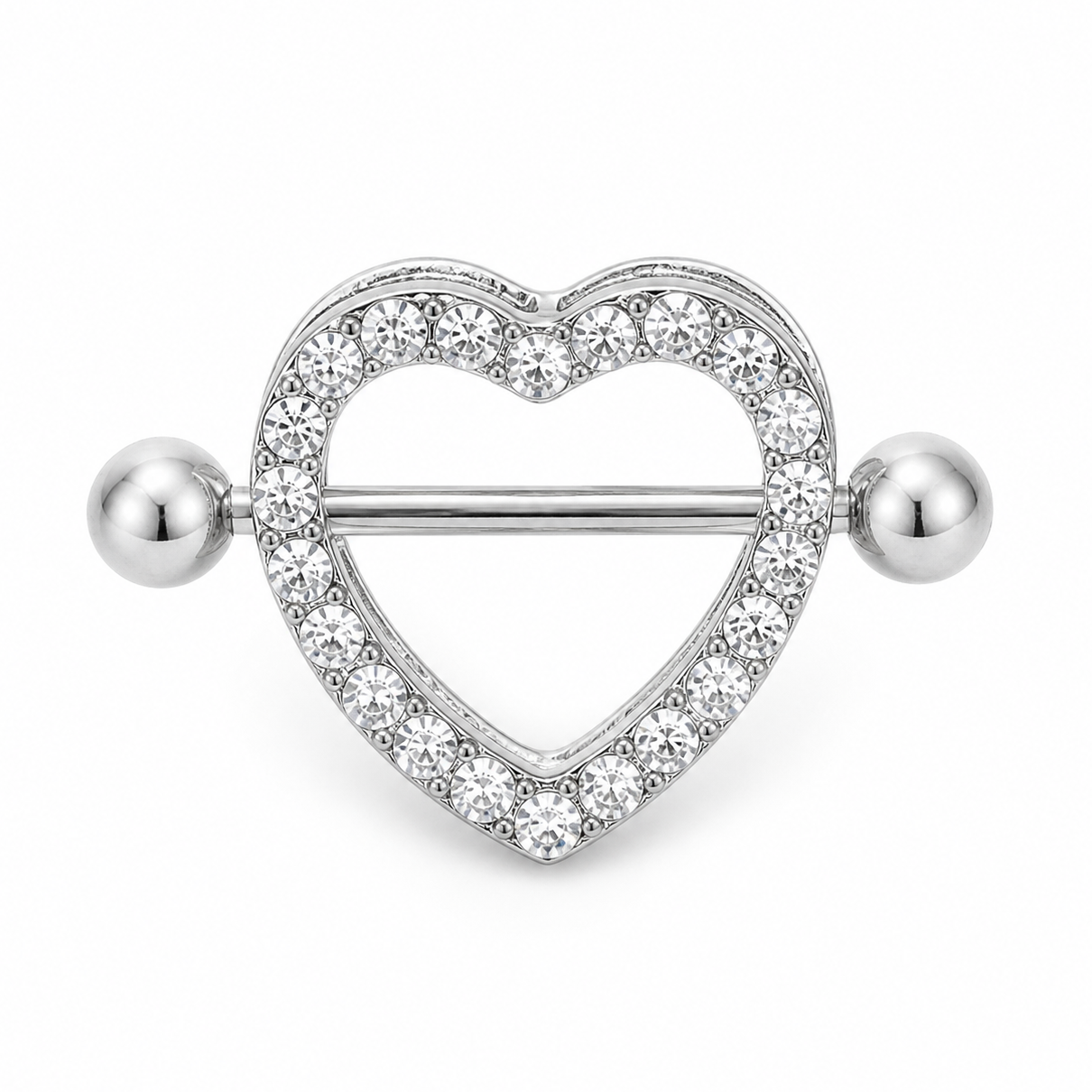 Piercing téton barre argentée contour cœur pavé strass — finition argentée