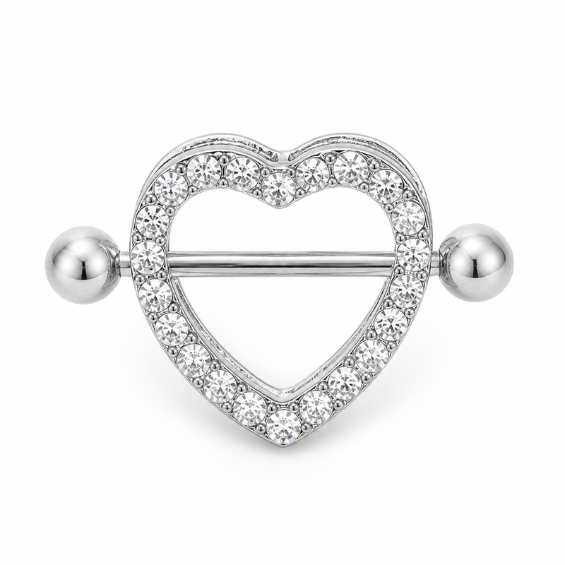 Piercing téton barre argentée contour cœur pavé strass — finition argentée