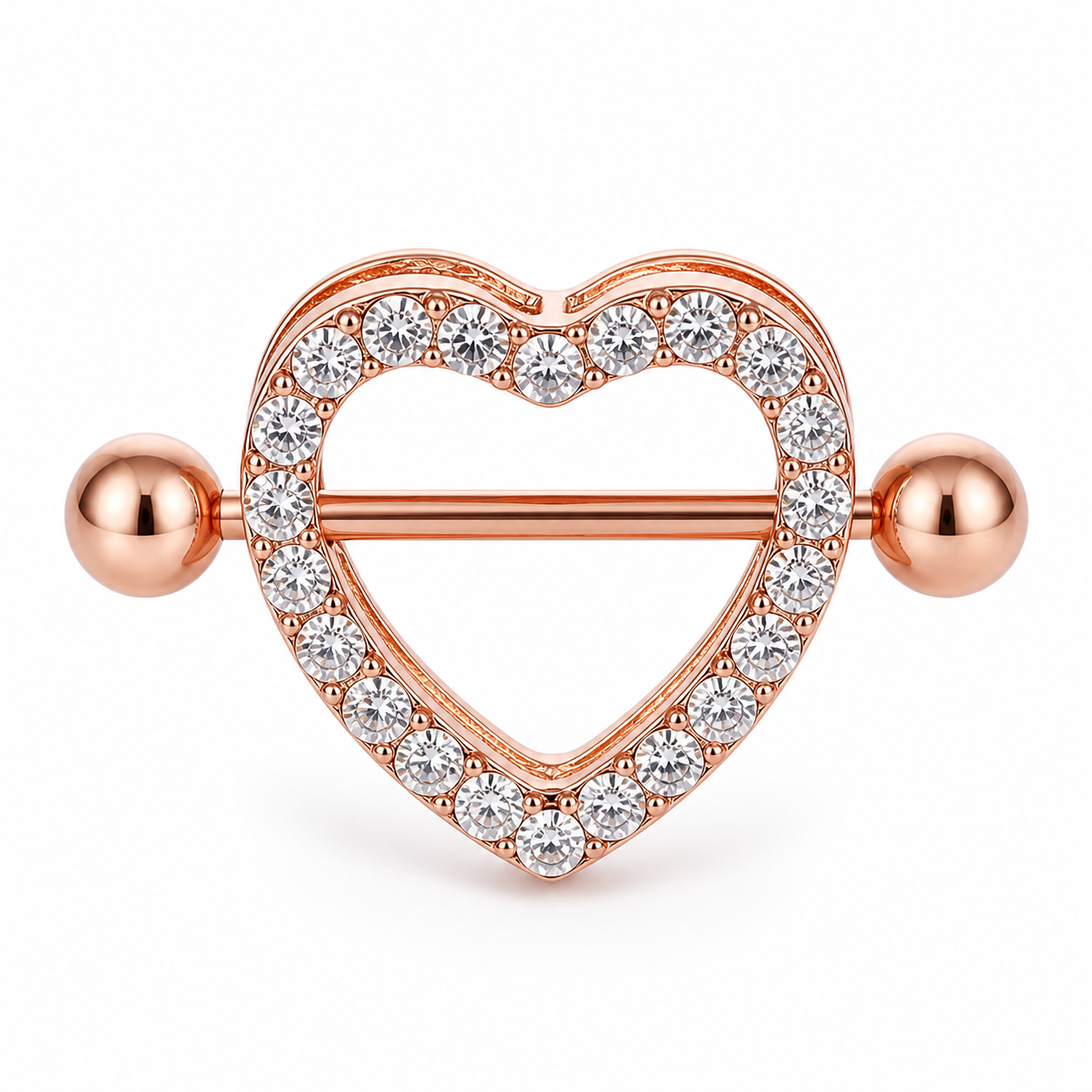 Piercing téton barre or rose contour cœur pavé strass — finition or rose