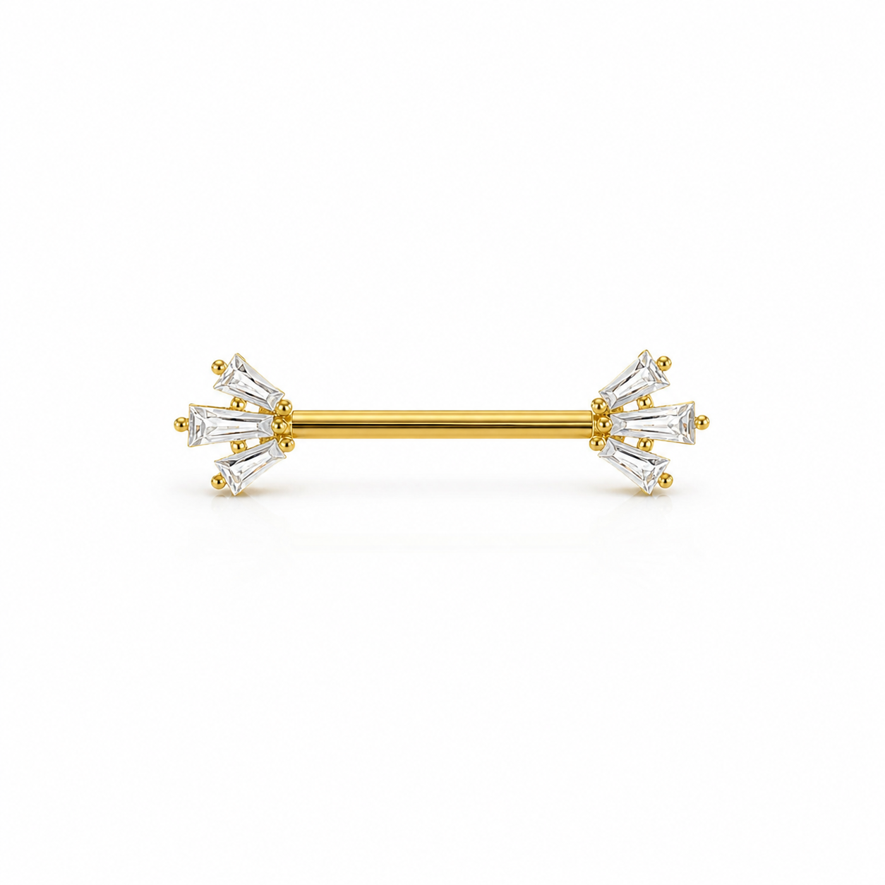 Piercing téton barre dorée baguettes zircon étoile rayonnante — finition dorée