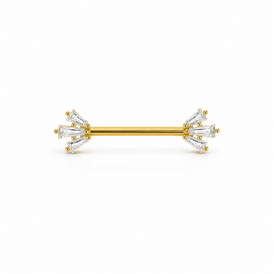 Piercing téton barre dorée baguettes zircon étoile rayonnante — finition dorée