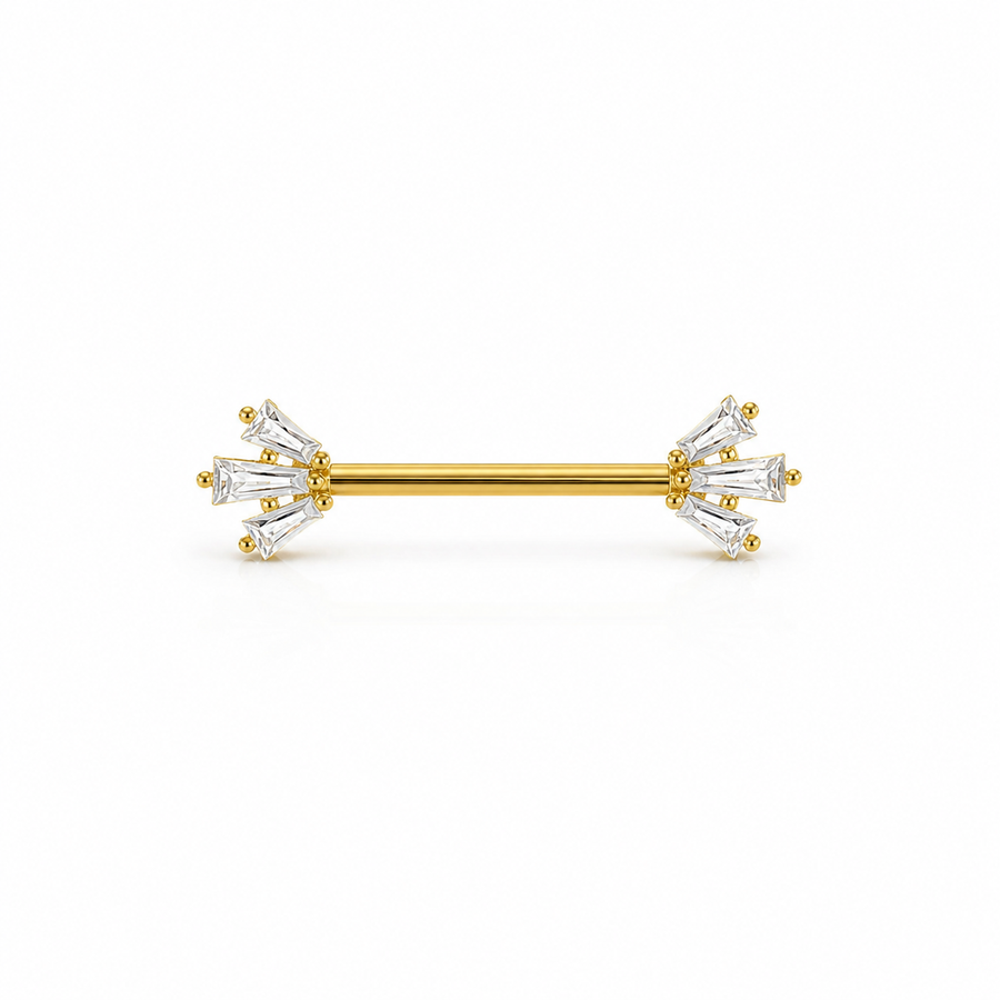 Piercing téton barre dorée baguettes zircon étoile rayonnante — finition dorée