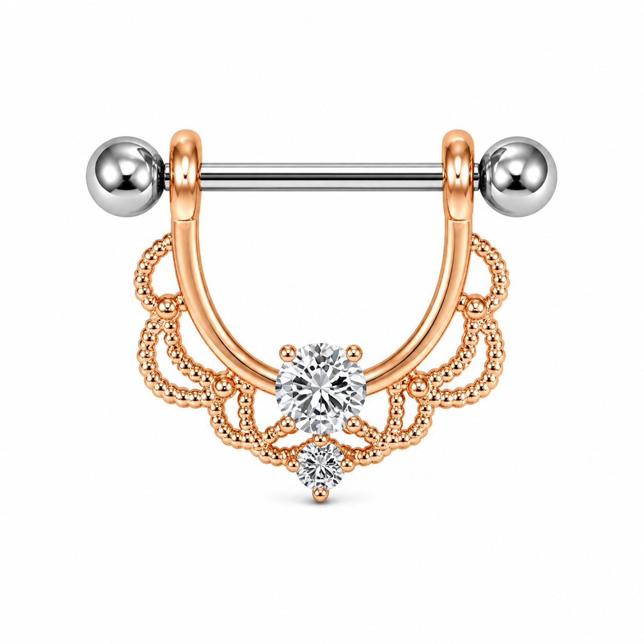 Piercing téton bouclier or rose filigrane dentelle zircon blanc — finition or rose