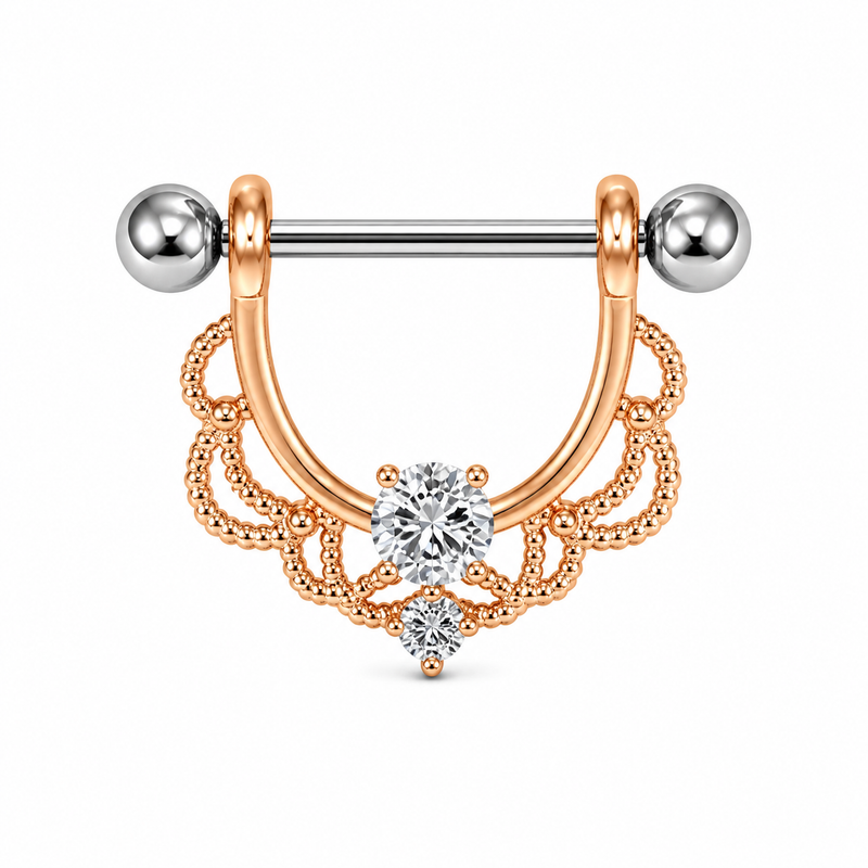 Piercing téton bouclier or rose filigrane dentelle zircon blanc — finition or rose