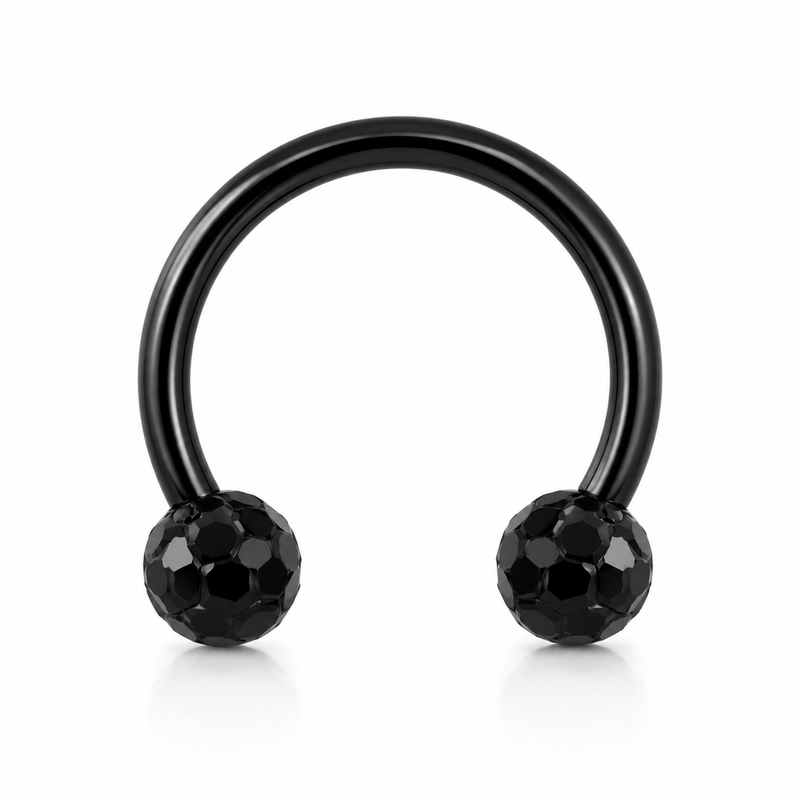 Fer a cheval noir PVD 2 boules cristal noir — miniature fond blanc