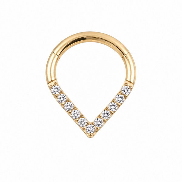 Anneau clicker dore forme poire base V zircons blancs — miniature fond blanc