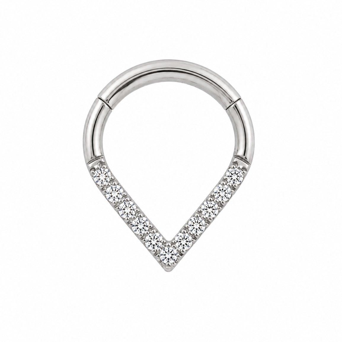 Anneau clicker argente forme poire base V zircons blancs — miniature fond blanc