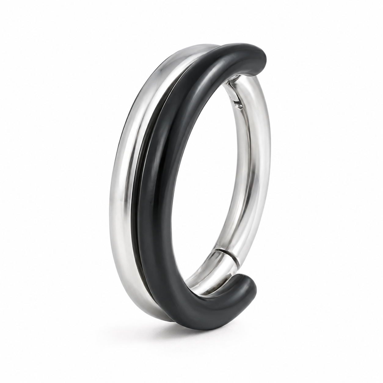 Anneau double clicker bicolore argente et noir — miniature fond blanc