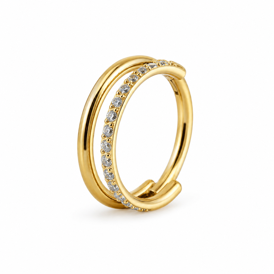 Anneau double dore lisse et pave zircons — miniature fond blanc