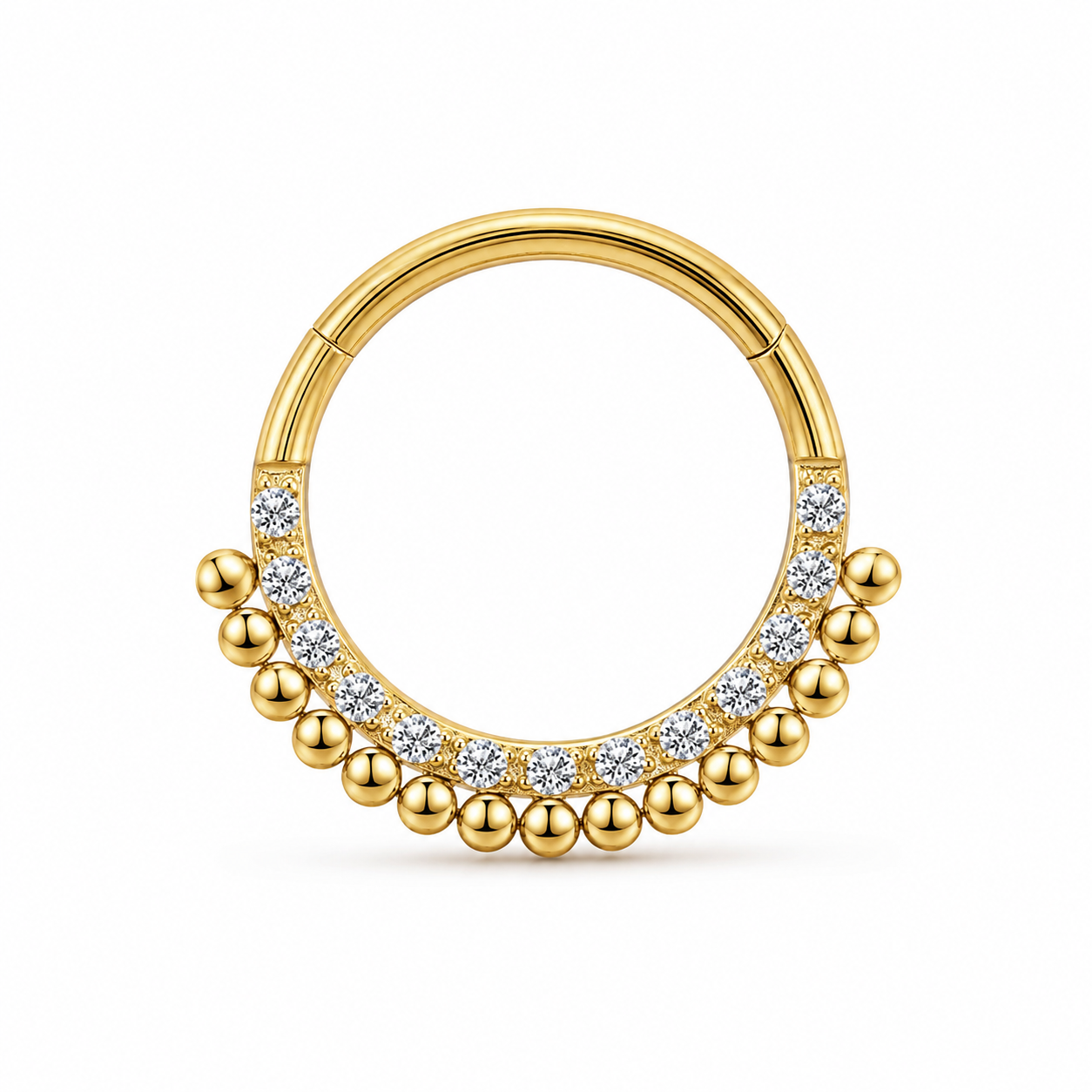 Anneau clicker dore double arc zircons et boules ethnique — miniature fond blanc