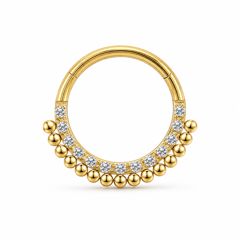 Anneau clicker dore double arc zircons et boules ethnique — miniature fond blanc