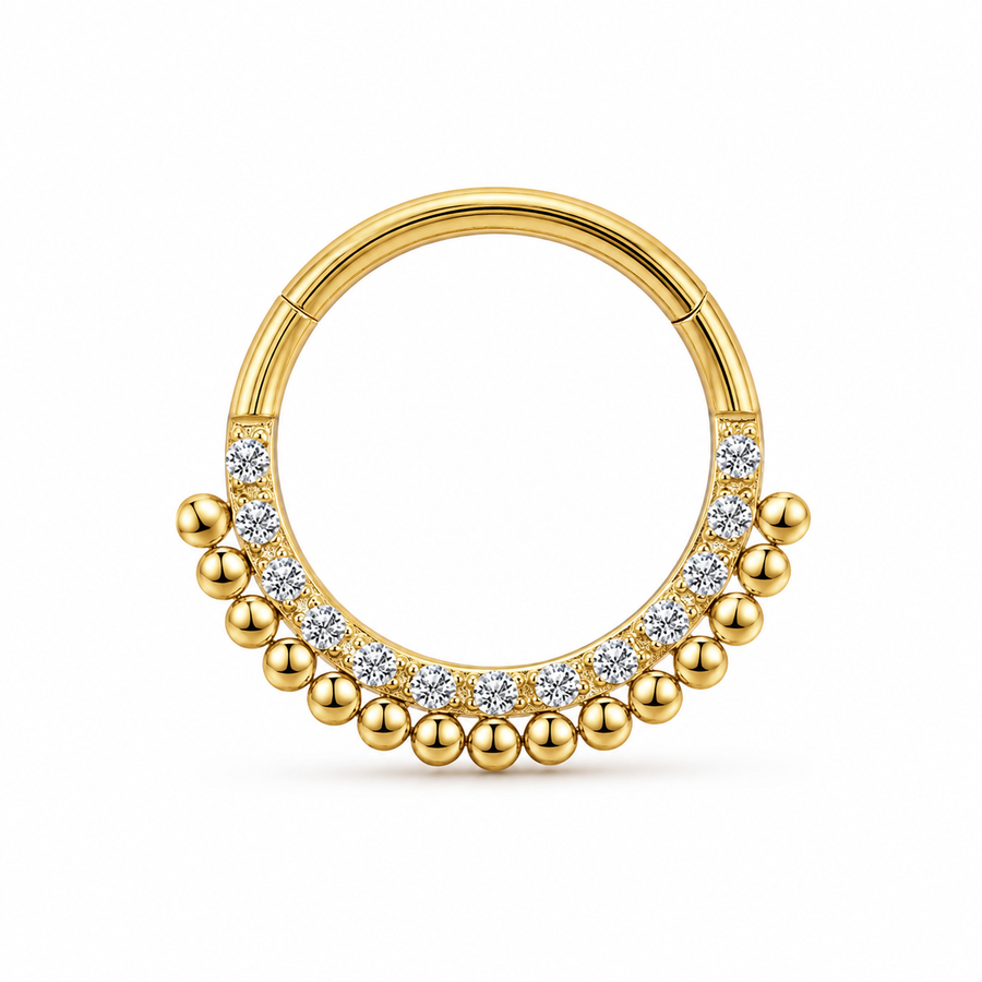 Anneau clicker dore double arc zircons et boules ethnique — miniature fond blanc