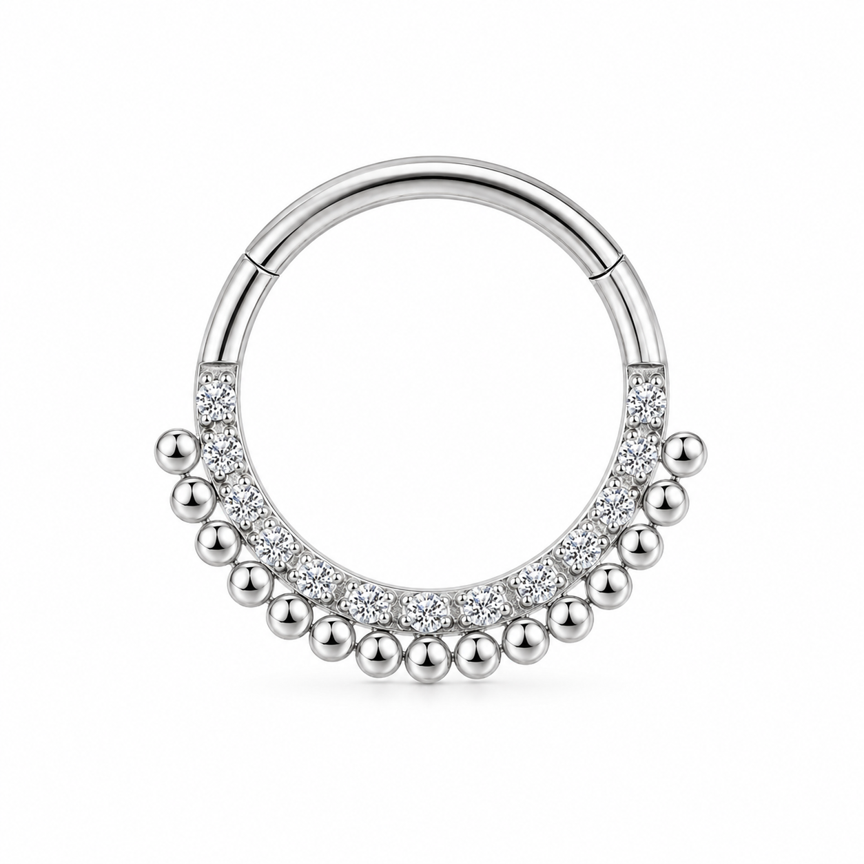 Anneau clicker argente double arc zircons et boules ethnique — miniature fond blanc