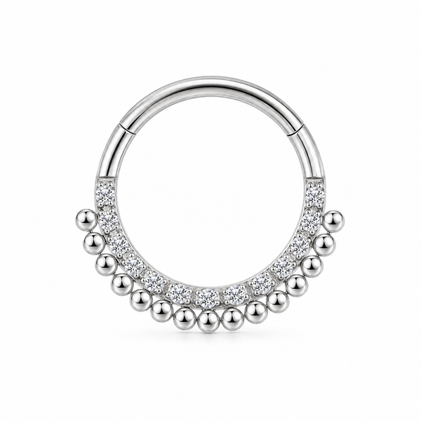 Anneau clicker argente double arc zircons et boules ethnique — miniature fond blanc