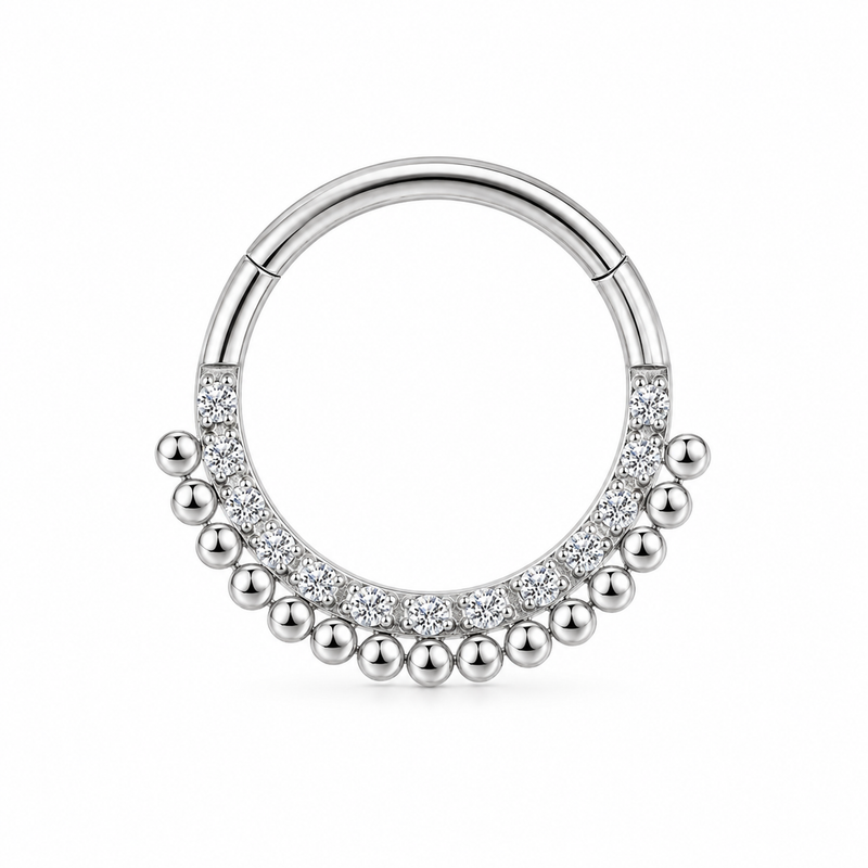 Anneau clicker argente double arc zircons et boules ethnique — miniature fond blanc