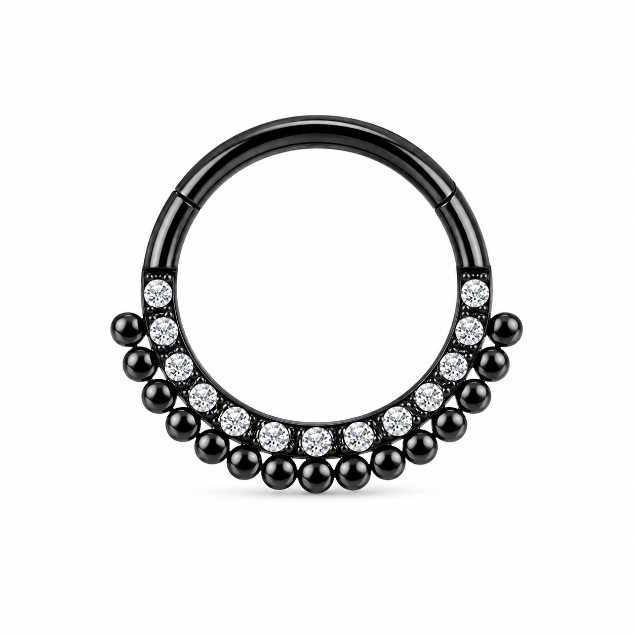 Anneau clicker noir PVD double arc zircons et boules ethnique — miniature fond blanc