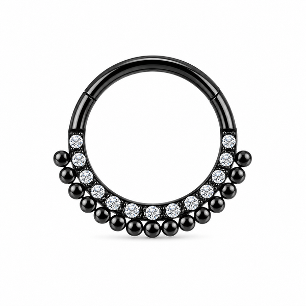 Anneau clicker noir PVD double arc zircons et boules ethnique — miniature fond blanc